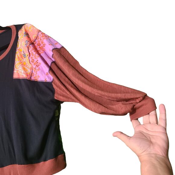 Free People Feelin’ It Embroidered Patchwork Top | Black & Brown | Boho Chic M - Picture 5 of 13